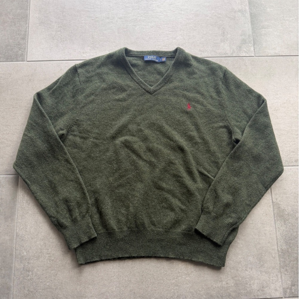 Polo Ralph Lauren Mens Olive Green 100% Wool V-Neck Sweater Red Pony Logo Large
